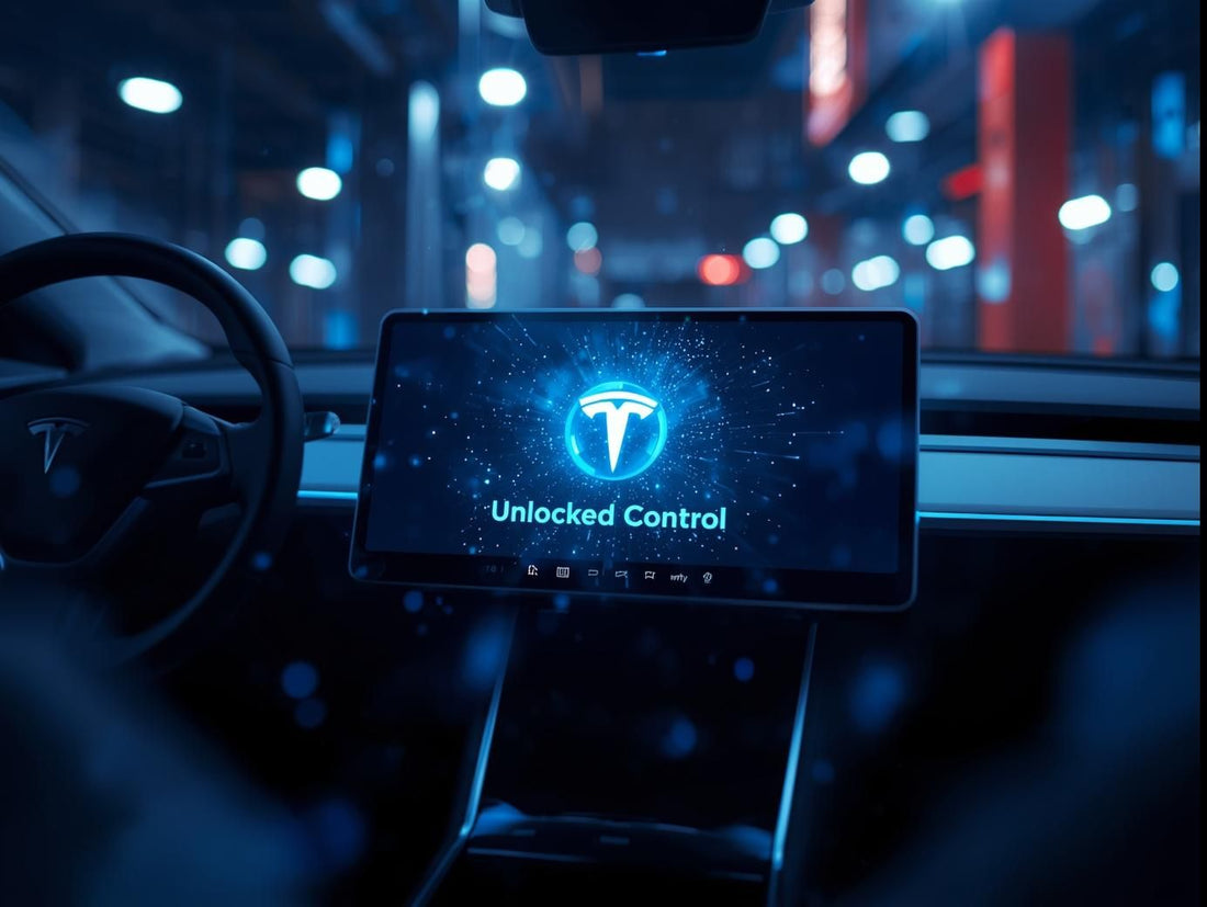 Tesla interior dashboard glowing with futuristic blue holographic elements, symbolizing full control and autonomy.