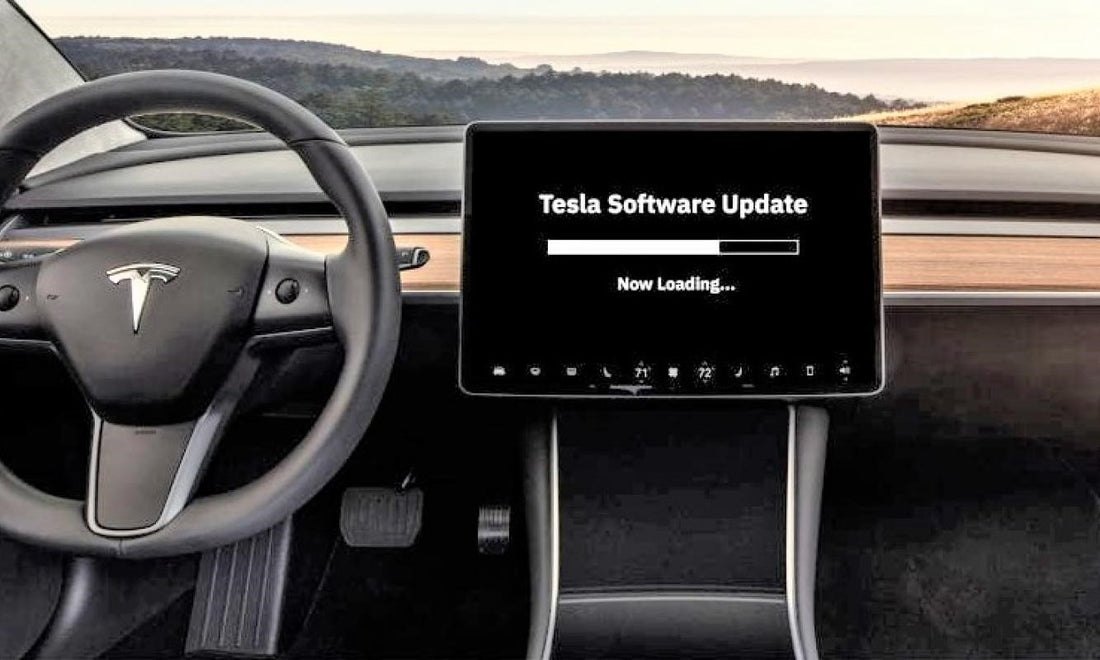 Tesla interior dashboard screen displaying firmware update and calibration process.