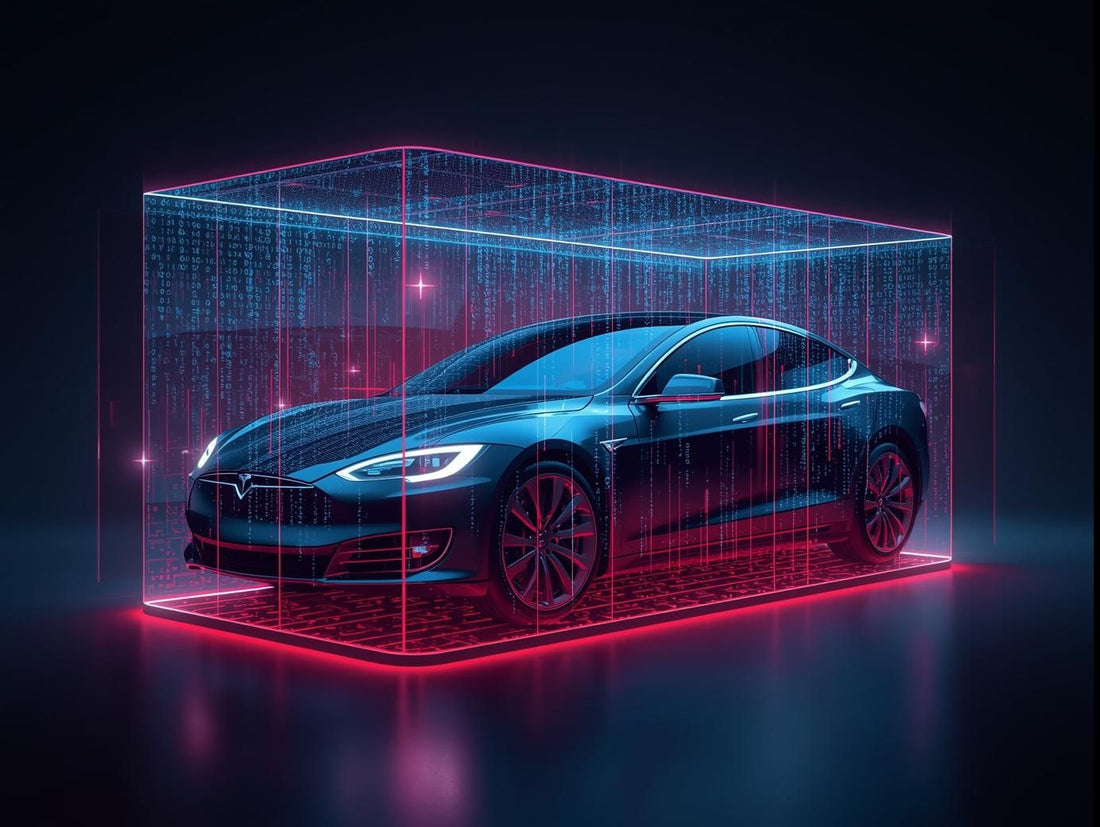 Tesla car enveloped in a digital shield with glowing lines, symbolizing privacy and data security.