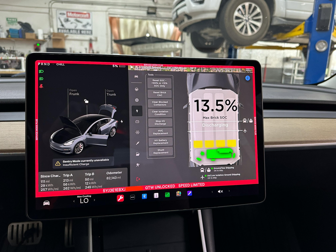 Tesla diagnostic screen showing battery management system error codes and data analysis.