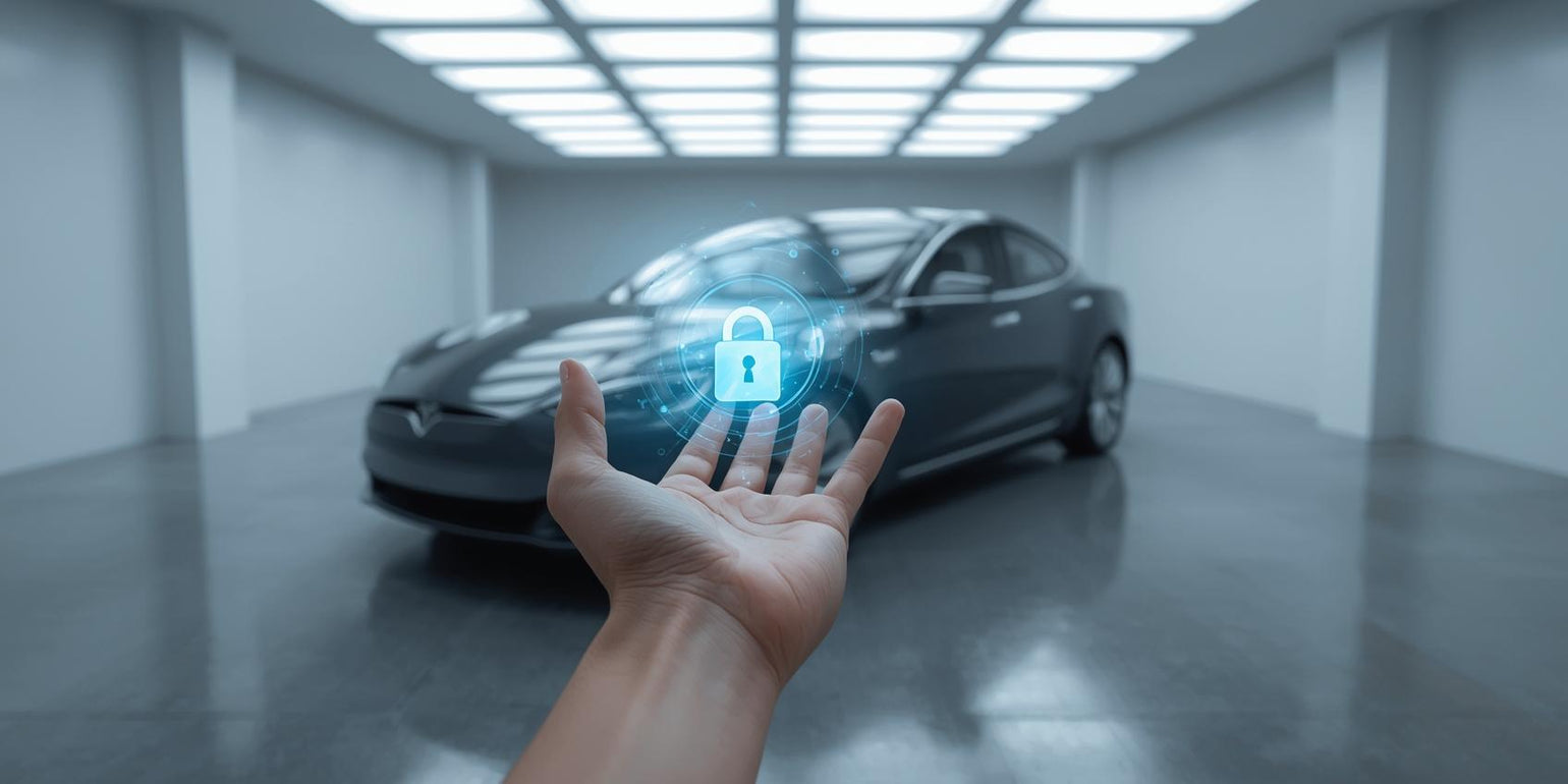 Person holding a Tesla key fob with glowing blue car hologram above their hand, symbolizing control and ownership.